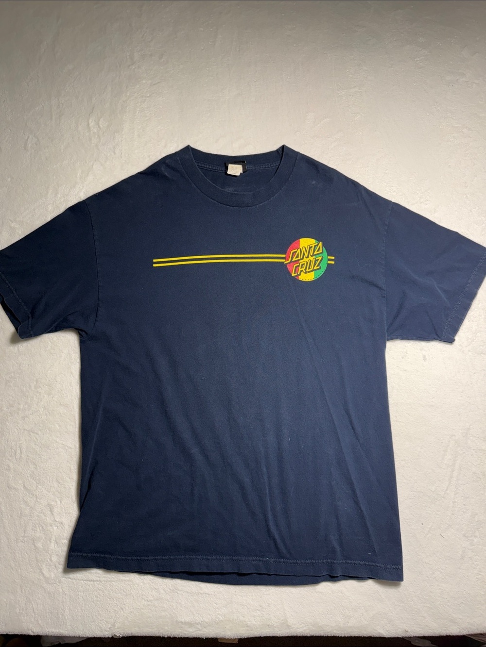 Vintage Santa Cruz Skateboards Navy Tee with Yellow and Red Logo